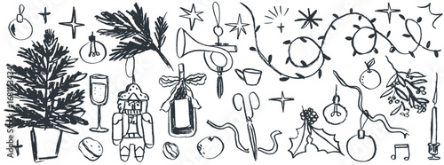 Retro vintage new year drawings. Doodle sketches in grunge minimalist charcoal style for Christmas party or new year celebration decor like posters and invitation cards. Hand drawn chalk elements.