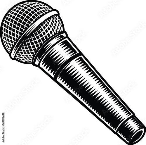 Black microphone illustration, detailed vocal mic, audio equipment design, music recording tool, professional sound device, studio gear, voice amplifier, vocal performance, classic microphone drawing