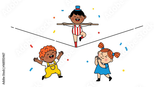 Circus Performance: A vibrant illustration showcasing a smiling child artist skillfully balancing on a tightrope while two other kids watch in wonder, highlighting the joy and amazement of circus fun