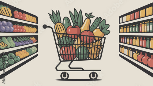 A shopping cart filled with fresh produce in a grocery store aisle with shelves of various items