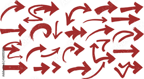 Creative arrows in grunge style, vector collection, beautiful and stylish. Bold arrows, graphic set of isolated elements from brush strokes, thick pointers isolated collection. 