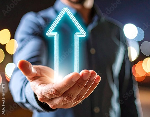 Man's open palm holds glowing neon upward arrow against bokeh background
