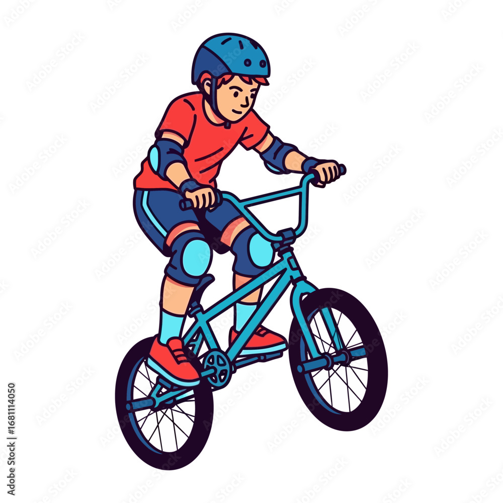 Obraz premium BMX Rider in Action: A young BMX rider, fully equipped with protective gear, executes a daring stunt on his bicycle, showcasing skill, courage, and the thrill of the ride. 