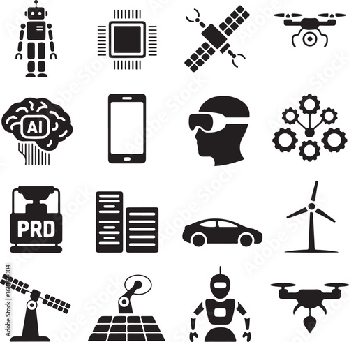 Technology and Innovation Icons Featuring Robots Drones AI and VR artificial intelligence