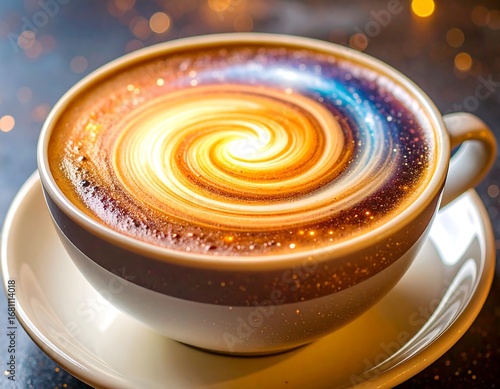 Close up of a coffee cup with swirling latte art resembling a galaxy with bokeh lights