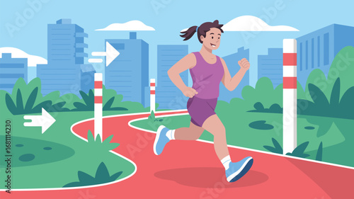A woman is running on a red track with buildings and trees in the background on a bright sunny day