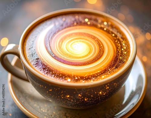 Close up of a coffee cup with elaborate latte art resembling a galaxy with sparkling particles