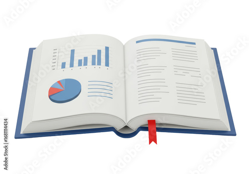 Isolated book with charts and data analysis, red bookmark, open to information pages