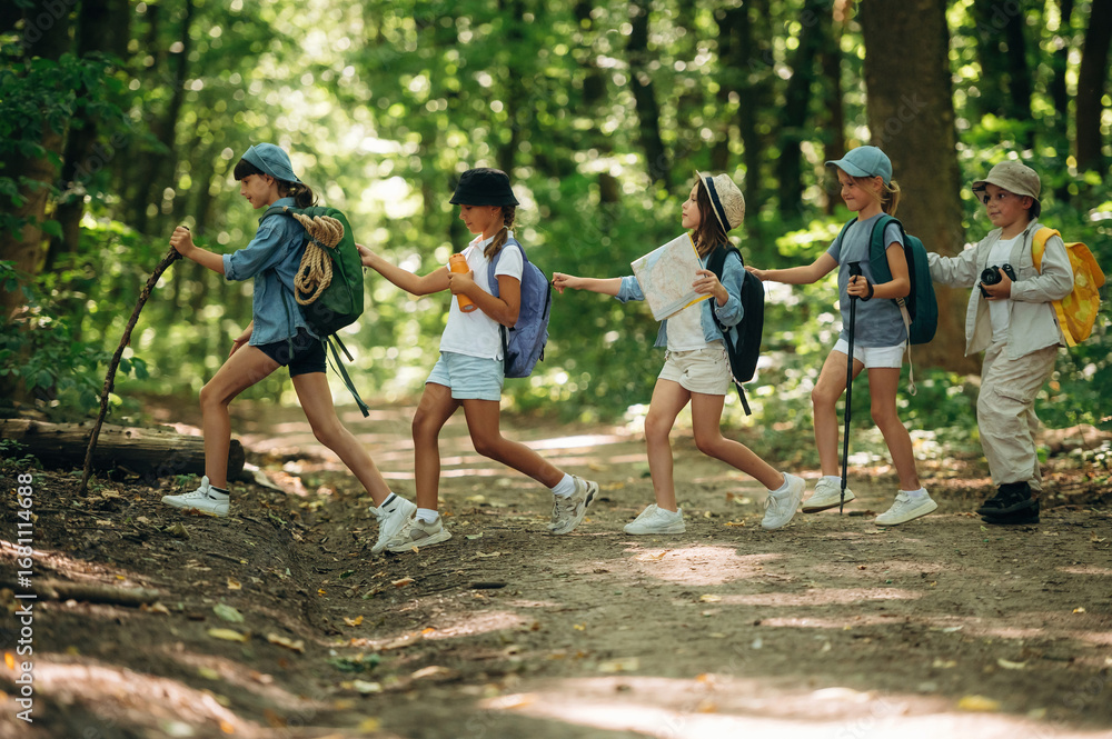 Fototapeta premium Side view, going together. Group of children in the forest on a hike