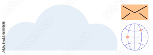 Cloud next to email and globe representing connectivity, data sharing, and global communication. Ideal for technology, networking, data exchange, cloud computing, digital communication, global reach