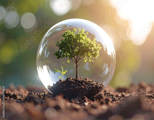 A young tree and seedling grow within a clear glass sphere resting on dark soil with soft bokeh background
