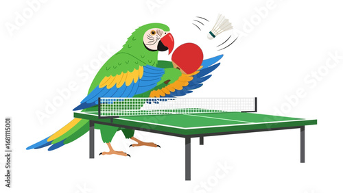 Playful Parrot Playing Ping Pong: A vibrant parrot with striking feathers engages in a spirited game of ping pong, hitting the shuttlecock with enthusiasm on a miniature table.