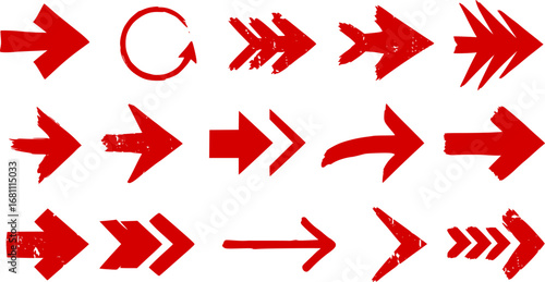 Creative arrows in grunge style, vector collection, beautiful and stylish. Bold arrows, graphic set of isolated elements from brush strokes, thick pointers isolated collection. 