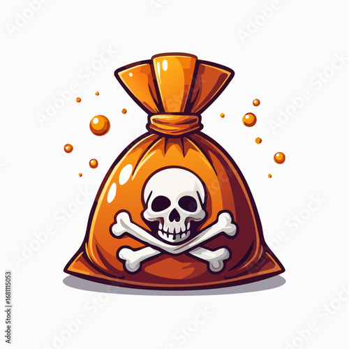 A vibrant orange cartoon bag featuring a classic skull and crossbones symbol, representing poison, danger, and toxic substances