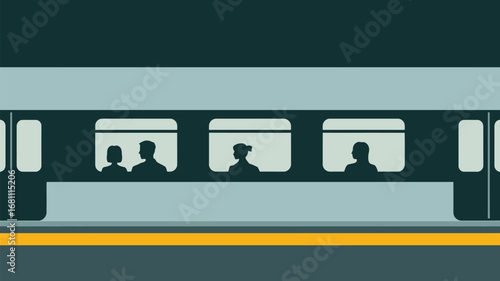 A minimalist illustration of a train car with passengers visible through the windows and a yellow line