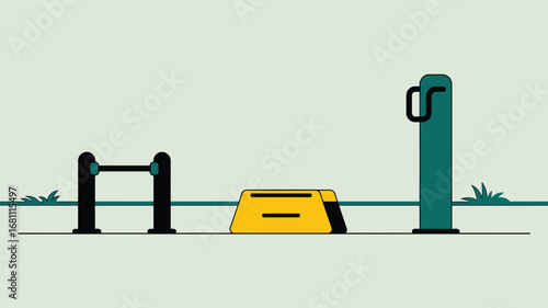 A simple illustration of outdoor exercise equipment including pull up bars and a step up platform
