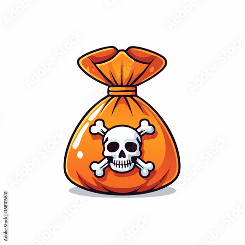 Glossy orange sack icon featuring a white skull and crossbones emblem. Vector illustration symbolizing poison, hazardous materials, or a deadly warning sign