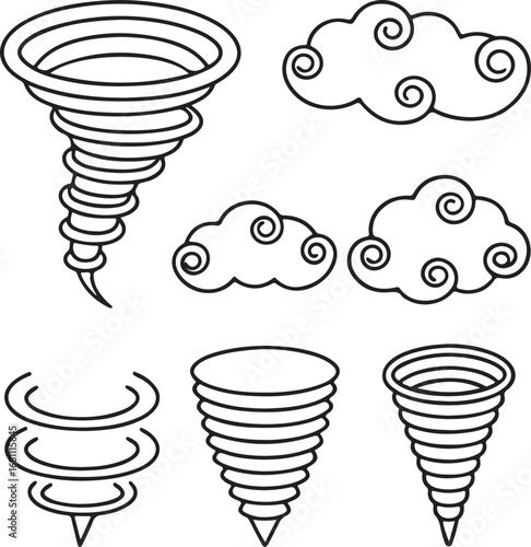 Isolated tornado icons, cyclone vector, hurricane outline, whirlwind icons, storm cloud design, disaster warning vector, spiral wind icons, tornado funnel outline, editable tornado set