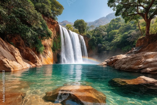 Majestic Waterfall Cascading into a Pristine Pool Surrounded by Lush Greenery