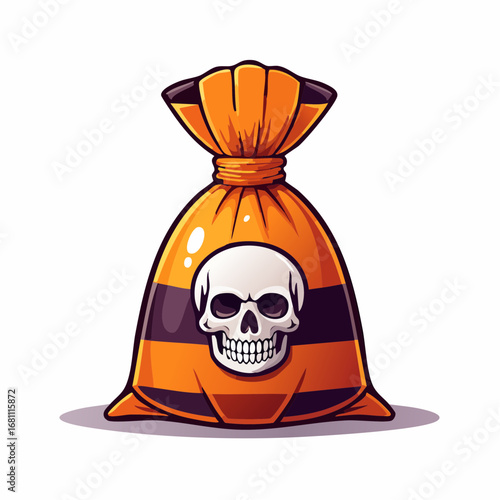 Vibrant cartoon illustration of a Halloween treat bag featuring orange and black stripes and a prominent skull emblem, isolated on a white background for spooky designs