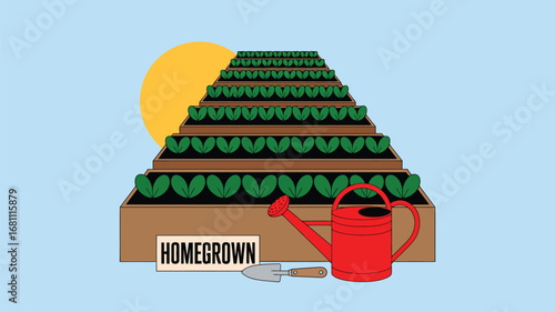 A tiered garden with the word homegrown a red watering can and a trowel under a bright yellow sun
