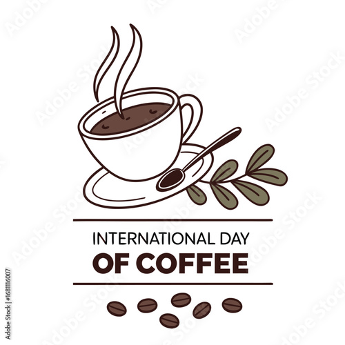 A cup of coffee with steam, leaves, spoon, and beans are nicely showcased