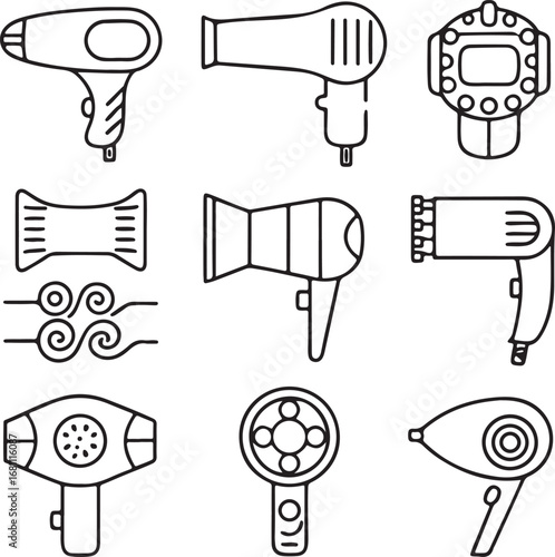 Isolated hair dryer icons, blow dryer vector, salon dryer outline, travel dryer icons, wall mounted dryer, styling tool vector, nozzle icons, diffuser design, editable hair dryer set