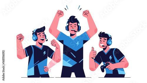 Victory in the Digital Arena: Vibrant illustration captures a triumphant esports team, radiating exhilaration as they celebrate a decisive win in a high-stakes gaming tournament. 