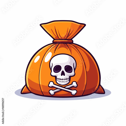 Vibrant orange sack of poison marked with a skull and crossbones, a powerful conceptual icon for danger and hazardous materials