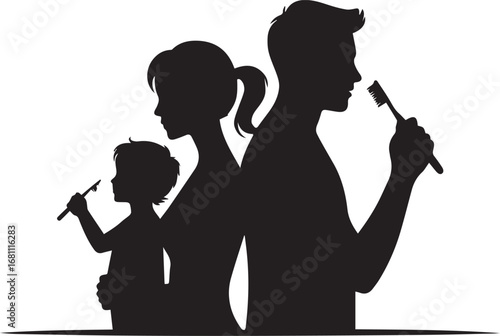 Family brushing teeth together silhouette