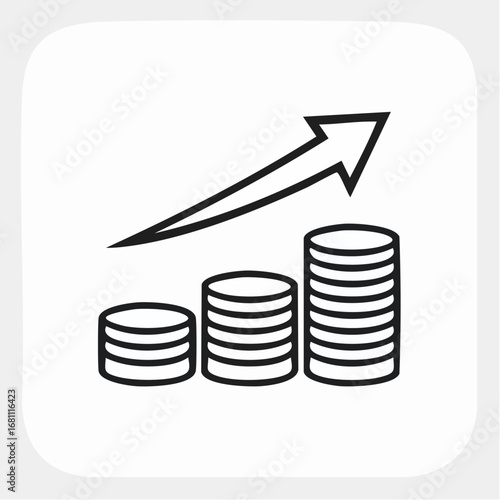 Financial growth concept illustrated with a simple line icon of rising coin stacks and an upward arrow, symbolizing profit, investment return, and economic success