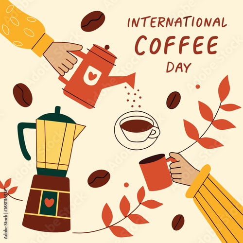 Hands pour coffee, amidst beans and plants, celebrating International Coffee Day on beige backdrop