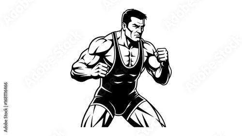 Aggressive Wrestling Champion: In a stark display of strength and athleticism, a muscular wrestler assumes a fighting stance, capturing the intensity and competitive spirit of the sport.