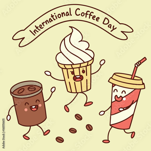 Smiling coffee cup, soft serve and drink celebrate International Coffee Day with cheerful animation