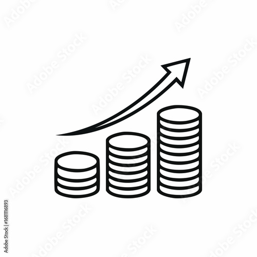 Black and white icon depicting increasing coin stacks and a growth arrow, a concept for finance, economy, income, and wealth accumulation