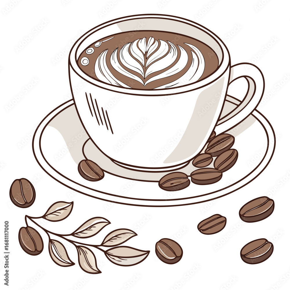 Obraz premium Steaming latte art inside a white cup sits upon saucer with scattered coffee beans