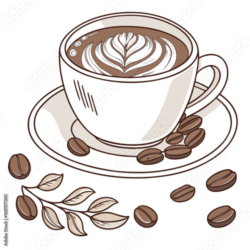 Steaming latte art inside a white cup sits upon saucer with scattered coffee beans