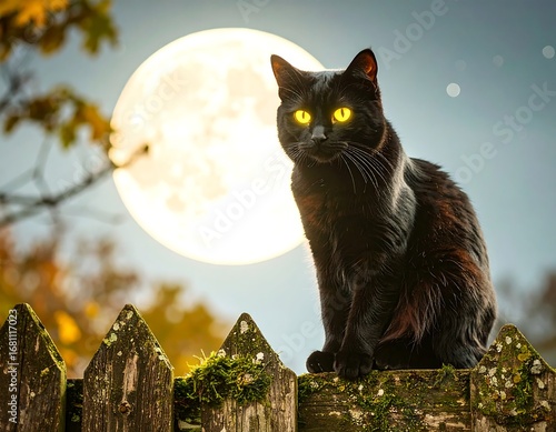 Black cat with glowing yellow eyes sits on a moss covered wooden fence with a large full moon in the background