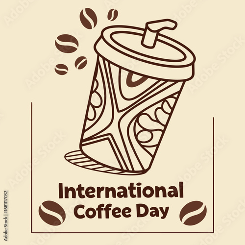 Stylized coffee cup with straw and arabica beans celebrates International Coffee Day event