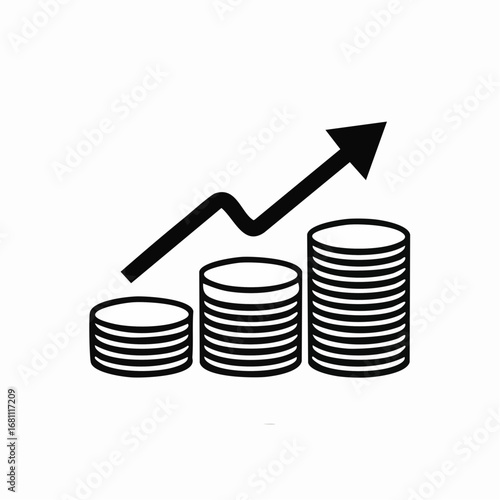 Icon representing financial growth with increasing stacks of coins and an upward pointing arrow, symbolizing profit, investment success, and economic progress