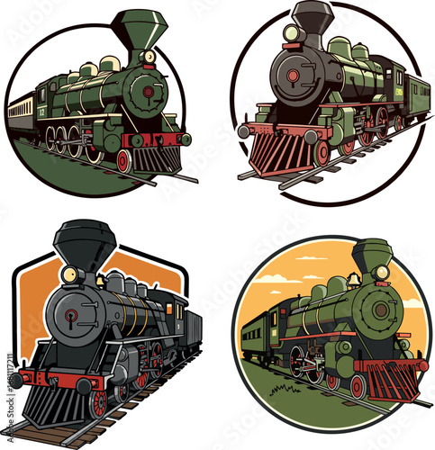 A collection of classic steam locomotive vector illustrations, perfect for vintage railway emblems, icons, and transportation design projects