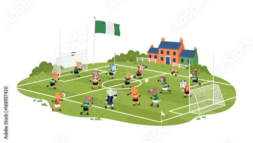 Teamwork in Animated Field: A lively cartoon illustration depicts a spirited team of animals engaged in a competitive game of football.