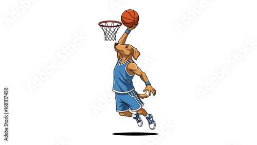 Canine Basketball Champion: A vibrant illustration of a canine athlete soaring through the air, expertly executing a slam dunk with unwavering determination and skill. 