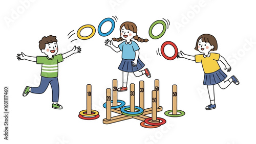 Ring Toss Fun: Delightful illustration of children engaged in a joyful ring toss game. Capturing a scene filled with laughter, friendship, and playful competition.