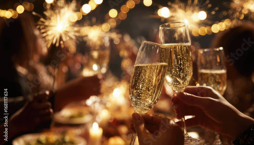 Close-up of people clinking champagne glasses with golden fireworks in background, elegant New Year’s Eve holiday celebration