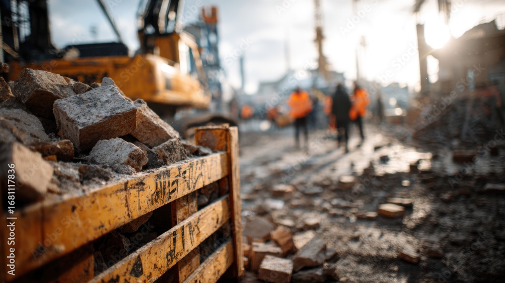 Naklejka premium Overflowing Waste Container at Construction Site with Broken Bricks