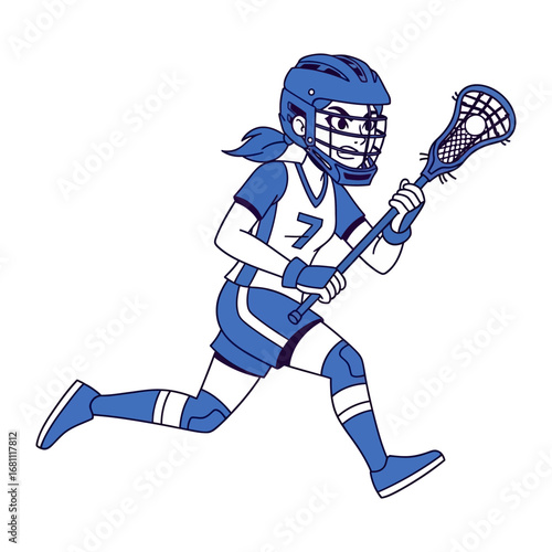 Lacrosse Player: A dynamic portrayal of an determined female lacrosse player in motion, captured with energy and focus as she pursues her goal in an illustrated style.