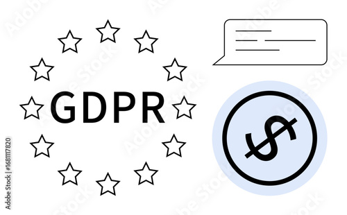 GDPR text surrounded by 12 stars, speech bubble showing communication, and dollar sign icon. Ideal for data privacy, compliance, digital rights, finance, regulation, legal matters flat simple