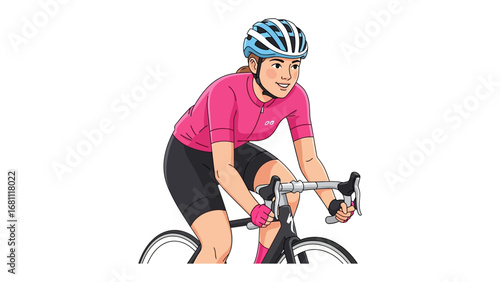 Cycling Enthusiast: A vibrant illustration of a female cyclist, powerfully riding her road bike, demonstrating determination and athleticism. 