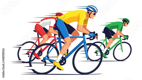 Cycling Champions in Motion: A dynamic illustration captures three cyclists, each a symbol of strength, speed, and determination, racing towards the finish line.